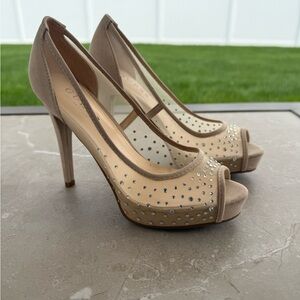 Guess Tan Peep-Toe Heels with Rhinestones new Size 6.5